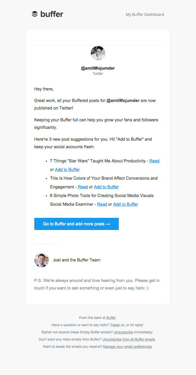 The Buffer for your Twitter profile, @amitMojumder, is empty. Here’re three more suggestions!
