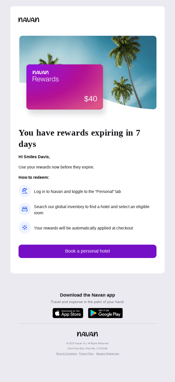 $40 in Navan Rewards expire soon
