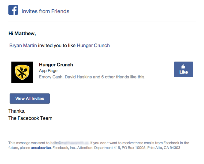 Request to Like a Page Email from Facebook