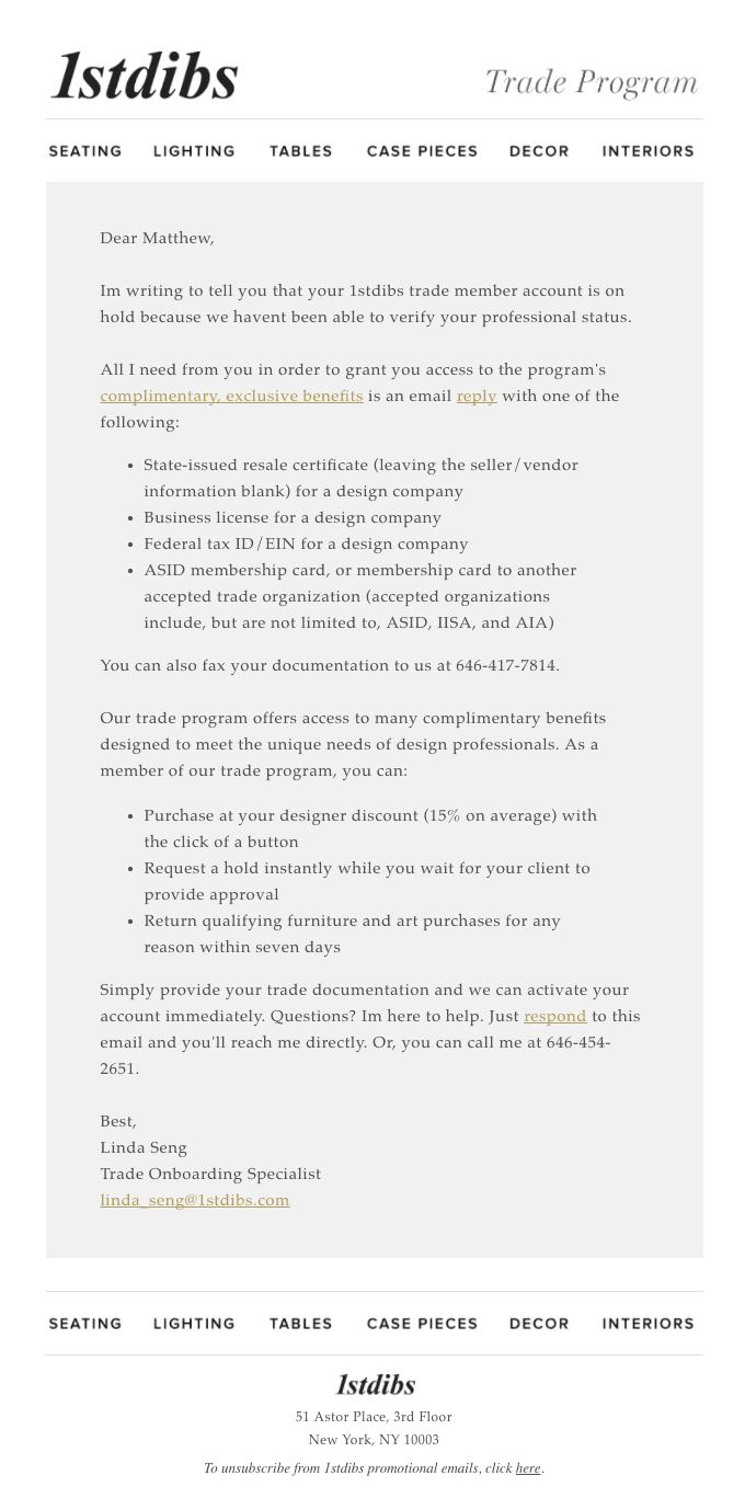 Action requested: Your 1stdibs trade registration is missing information