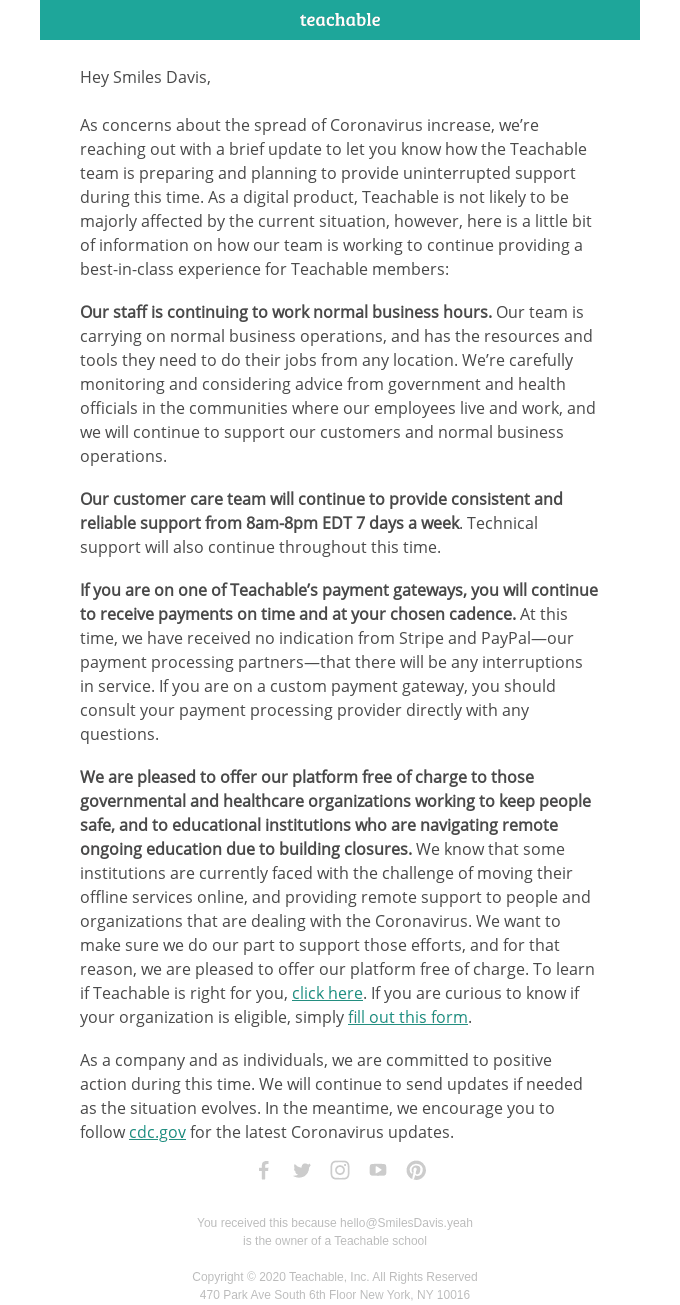 An Important Update in Light of COVID-19