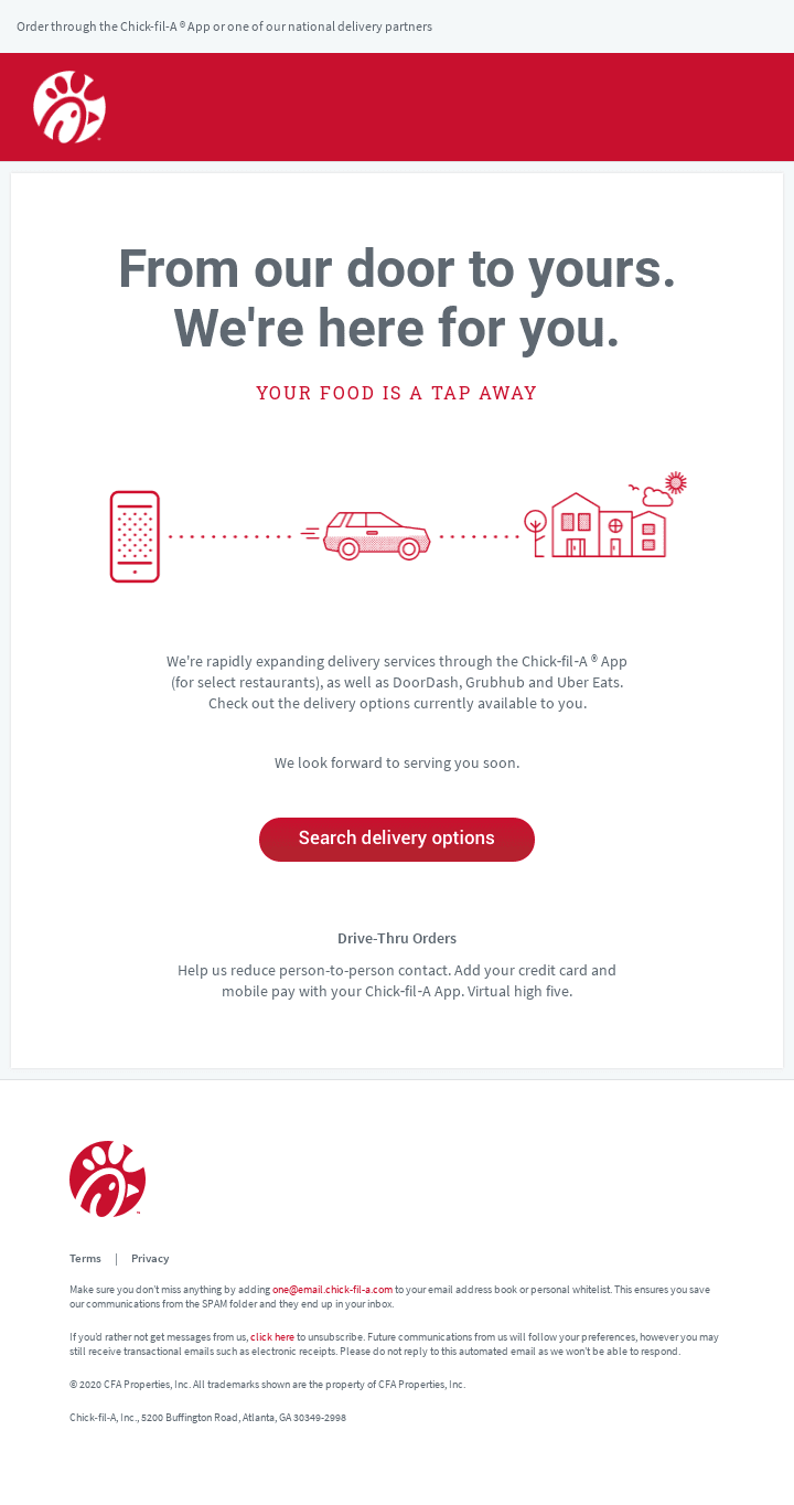 Chick-fil-A is open. Get your next meal delivered.