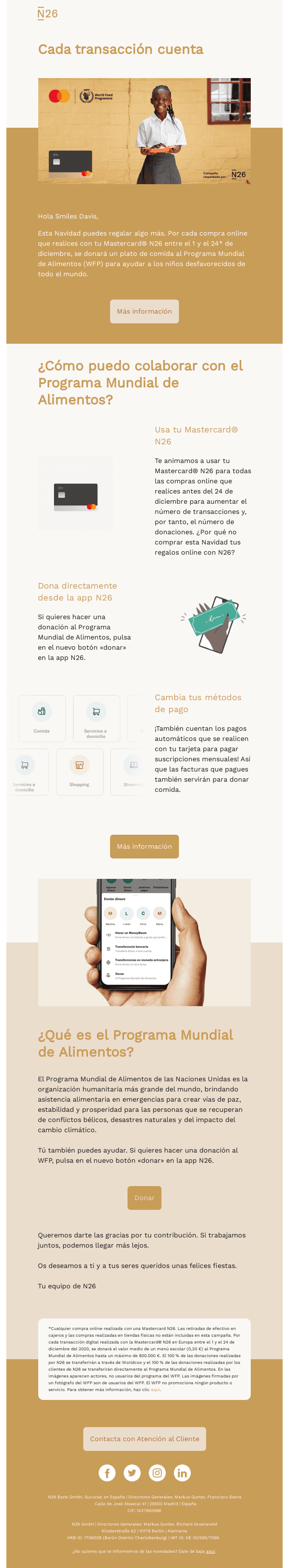 Compra tus regalos online con tu Mastercard N26 y dona una comida por cada compra. #HambreCero