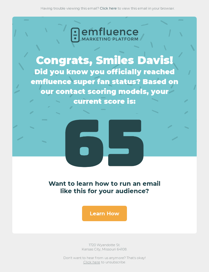 Congrats, Smiles Davis, you've reached a 65 contact score!