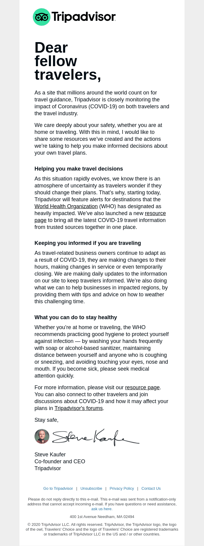 COVID-19 message from Tripadvisor CEO Steve Kaufer
