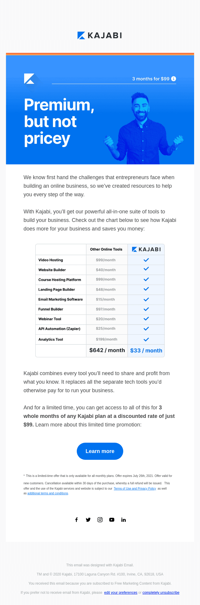 Create an entire business on Kajabi for one payment of just $99.