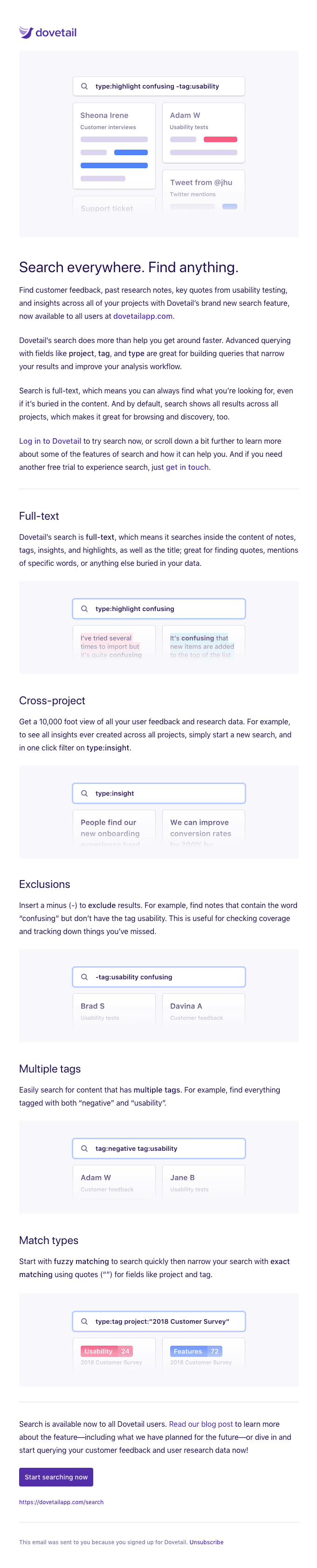 Cross-project, full-text search is now available in Dovetail