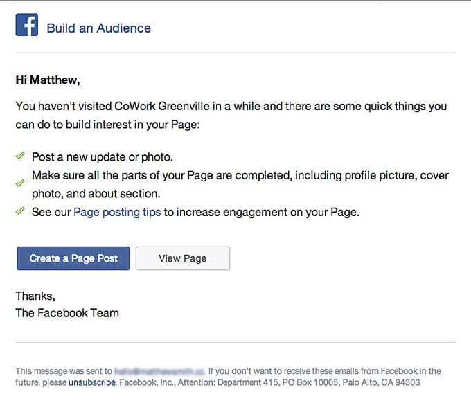 Customer Retention Email Design from Facebook