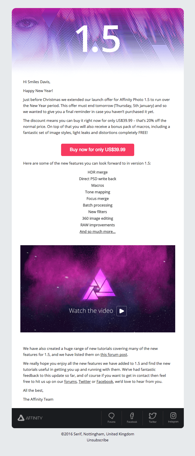 Final Reminder: Affinity Photo 1.5 launch offer
