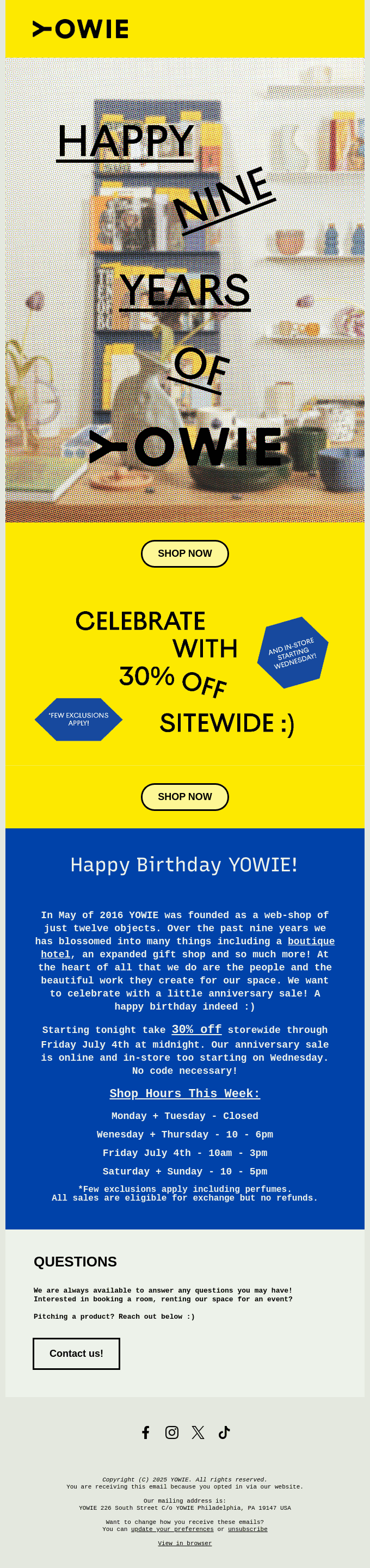 Happy Birthday to Us! Celebrate nine years of YOWIE with an Anniversary Sale starting tonight!