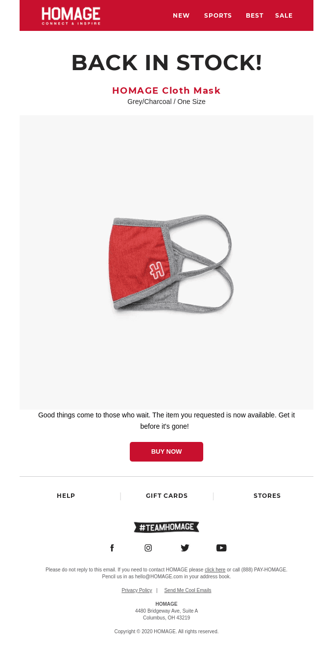 HOMAGE Cloth Mask Back In Stock