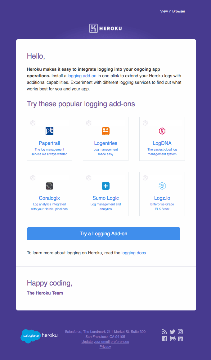 Maintain your app’s health with logging add-ons.