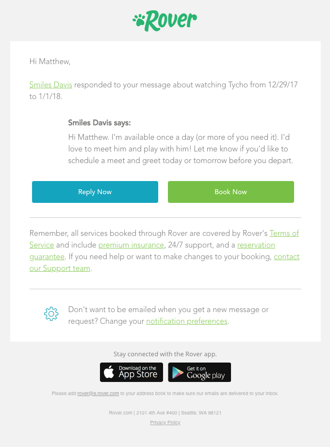 New message from Smiles Davis about Tycho’s stay