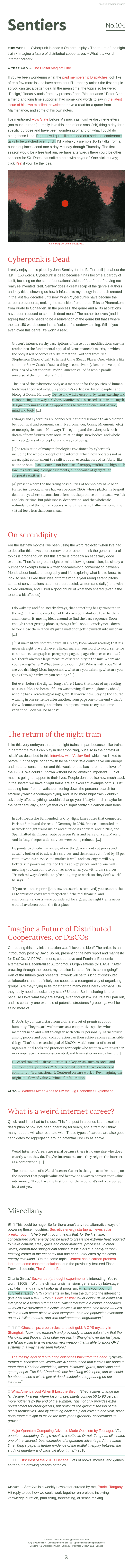No.104 — Cyberpunk is dead ⊗ On serendipity ⊗ The return of the night train ⊗ Imagine a future of distributed coops ⊗ What is a weird internet career?