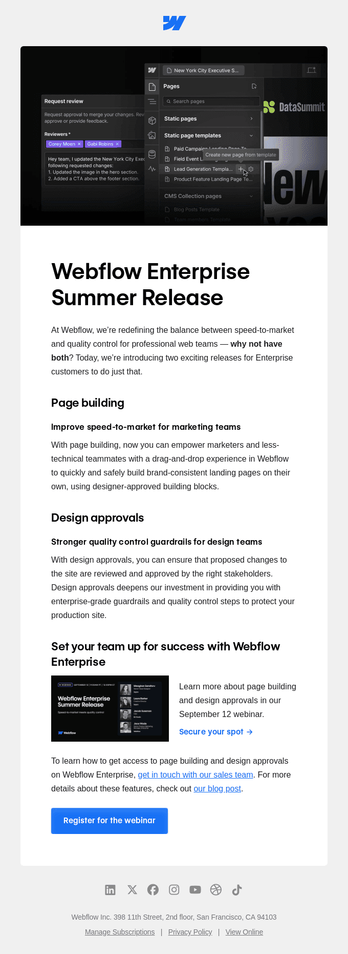 Now available for Webflow Enterprise: Page building and design approvals