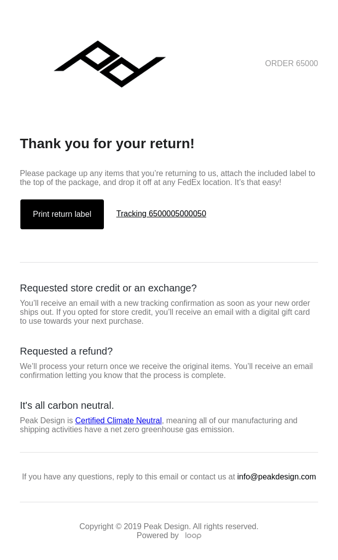 Peak Design Return Confirmation