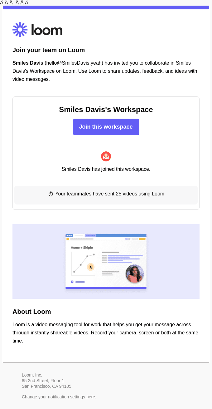 Reminder email: Smiles Davis has invited you to join your team on Loom