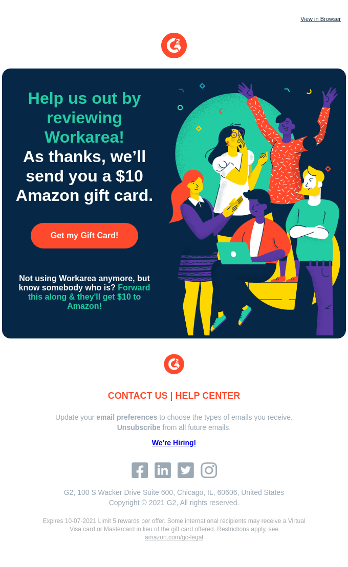 Review Workarea for a $10 Amazon gift card