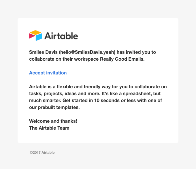 Smiles Davis (hello@SmilesDavis.yeah) invited you to their workspace Really Good Emails – Airtable
