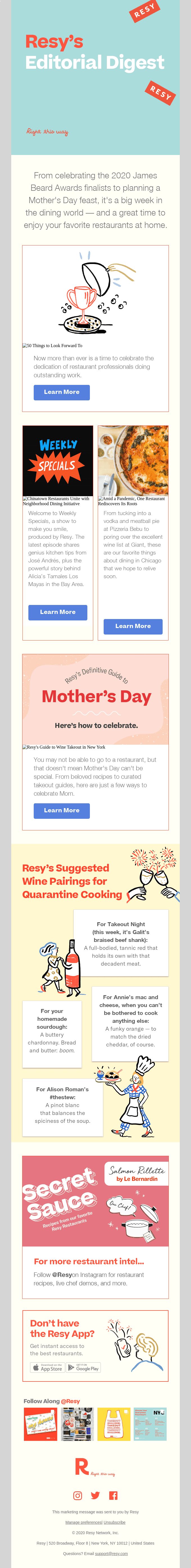 The Resy Digest: James Beard Awards finalists, Mother's Day recipes, and more.