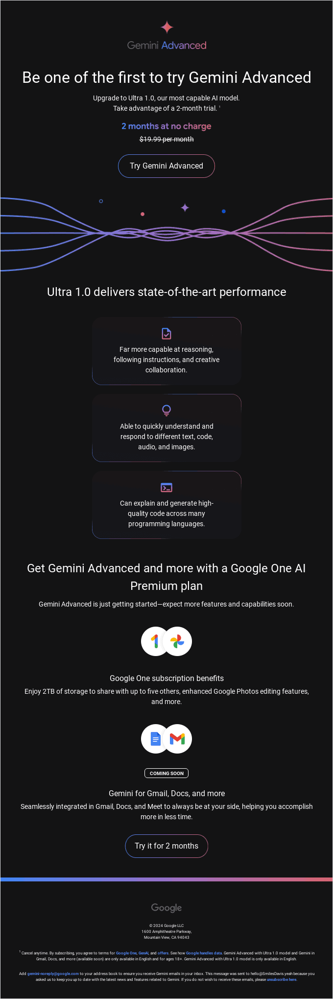 Try Gemini Advanced for 2 months, at no charge
