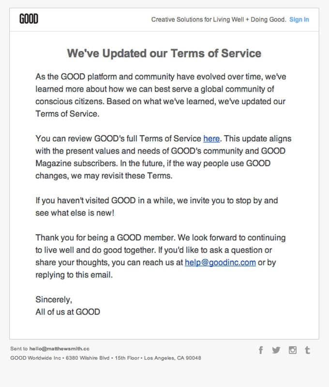 Updated Terms of Service Email Design from Good