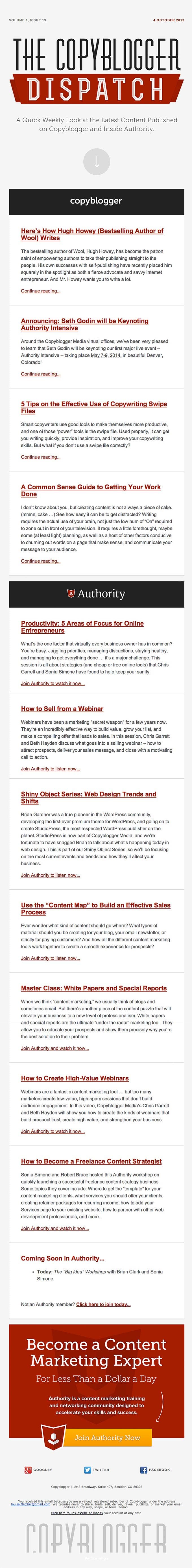Weekly Newsletter Email Design from CopyBlogger