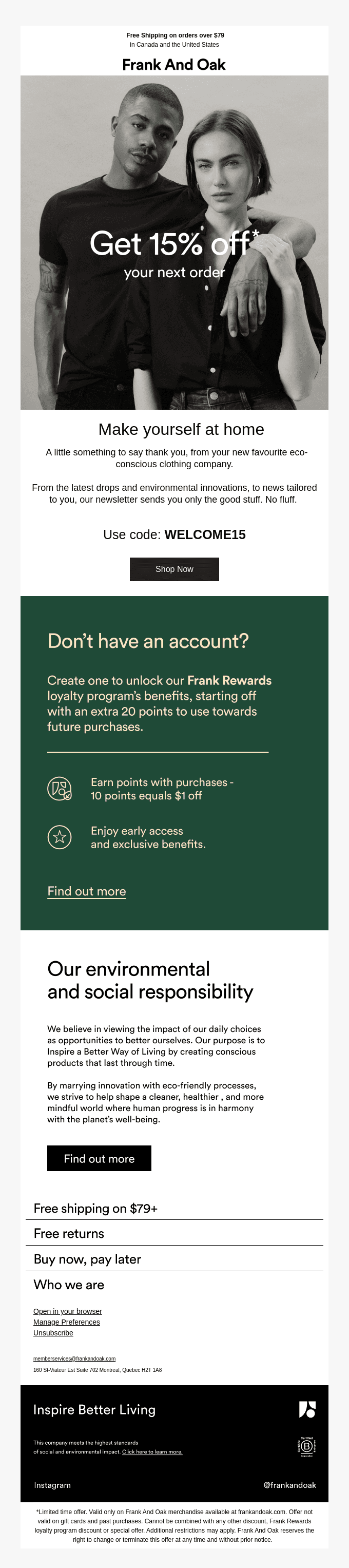 Welcome to Frank And Oak. Here's your 15% discount