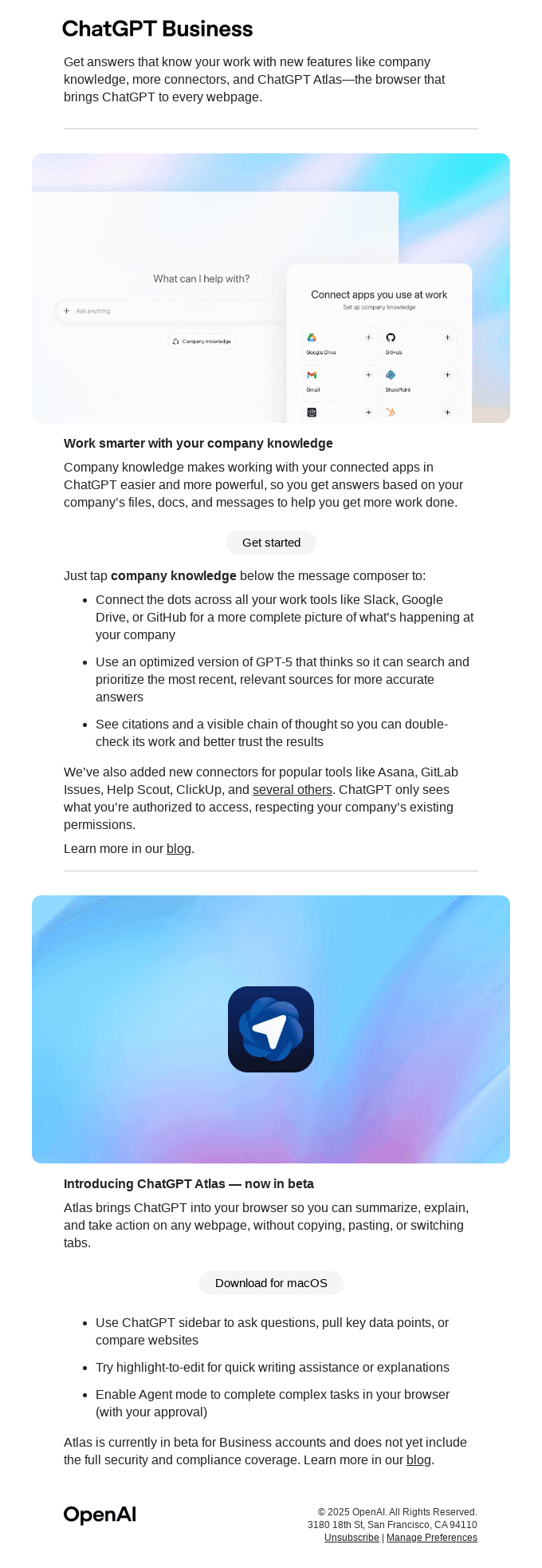 Work smarter with company knowledge, new connectors, and ChatGPT Atlas
