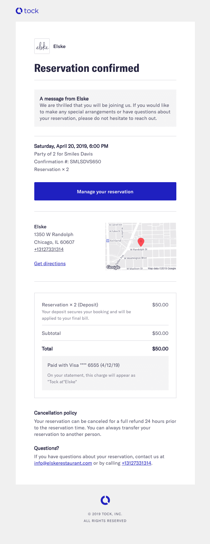 Your reservation for Elske on Saturday, April 20, 2019, 6:00 PM