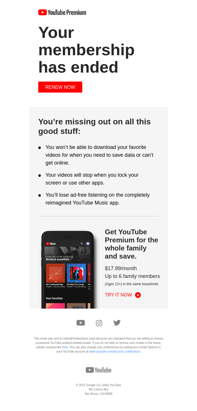 Your YouTube Premium membership has ended.