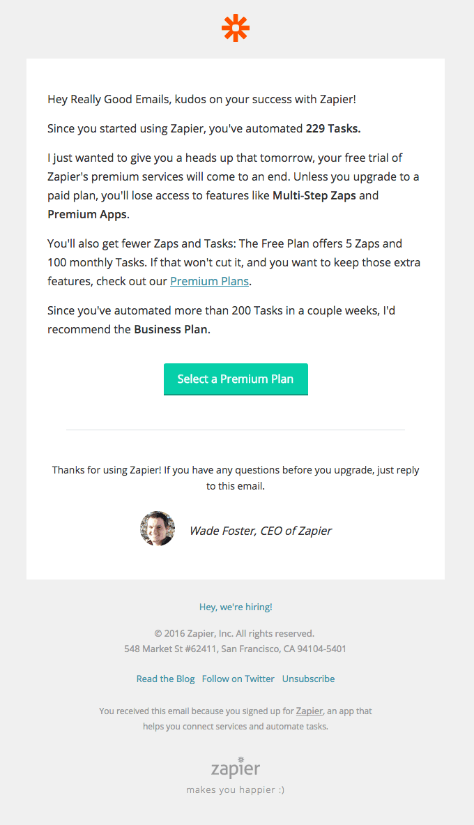 Your Zapier Premium trial ends tomorrow
